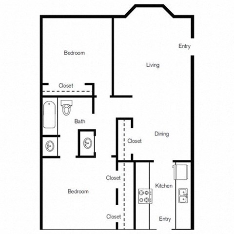 Floor plan for 2 beds, 1 bath, 998 sqft